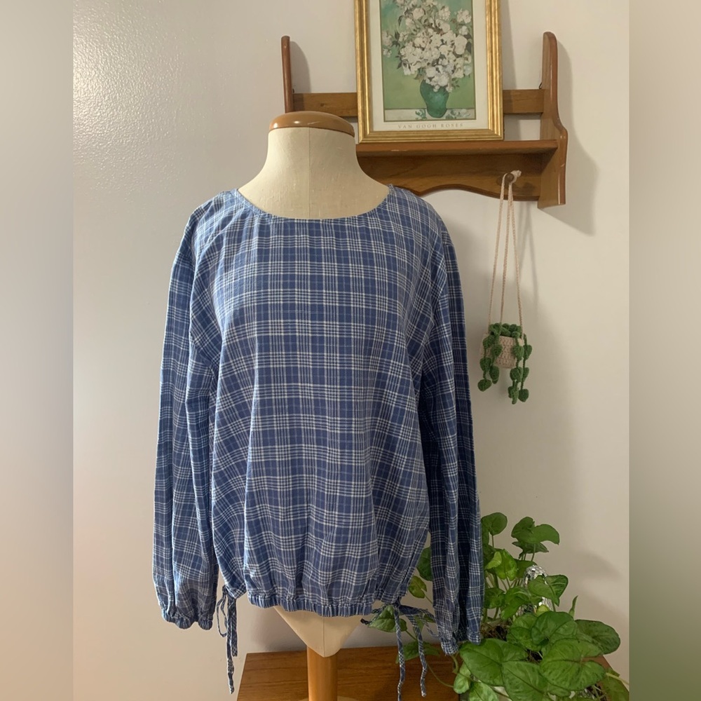 ANA A New Approach NWT Blue Plaid Long Sleeve Boho Peasant Blouse Size M - Picture 4 of 14